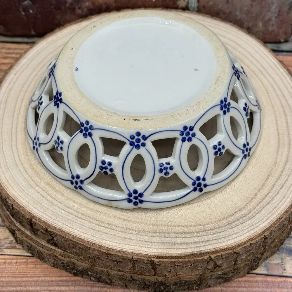 Andrea by Sadek Decorative Reticulated Scalloped Bowl Blue White Floral Pheasant